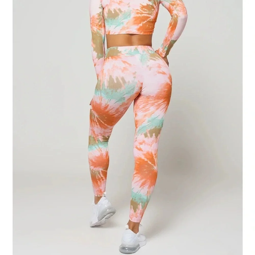 Lici Fit Tie Due Bloom Leggings Multicolored Orange Blue High Waisted Rise S